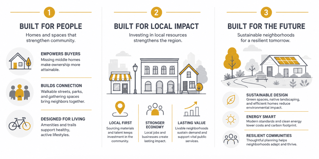 An infographic showing the three foundations for an affordable, livable, and community-focused homebuilding.